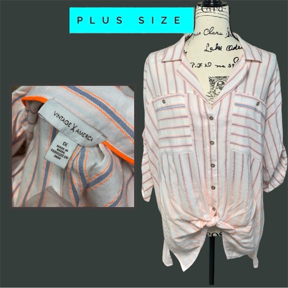 Vintage America Tunic Top white blue and orange Stripe 3/4 Sleeve NWT Plus Size - Picture 1 of 16